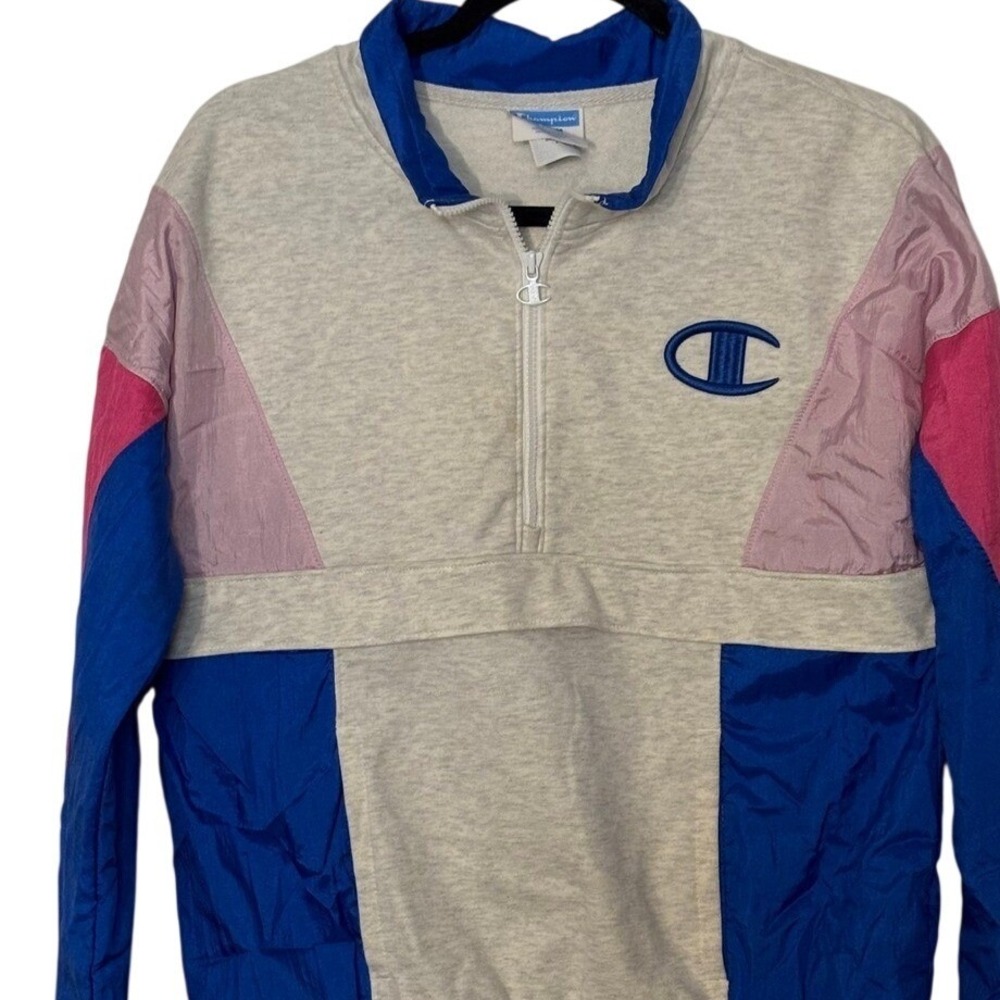 Champion Colorblock Quarter Zip Pullover Fleece Nylon Grey Blue JL5742‎ Medium